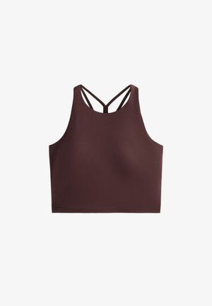 Brahna športna crop majica z visokim ovratnikom, ozkimi naramnicami, ki tvorijo X vzorec na hrbtu, narejena iz gladkega, raztegljivega materiala.