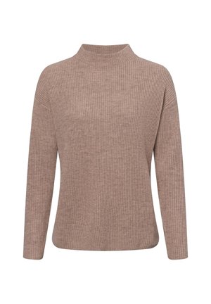 Pull en maille côtelée brun clair avec manches longues et col montant court, présenté sur un fond blanc.