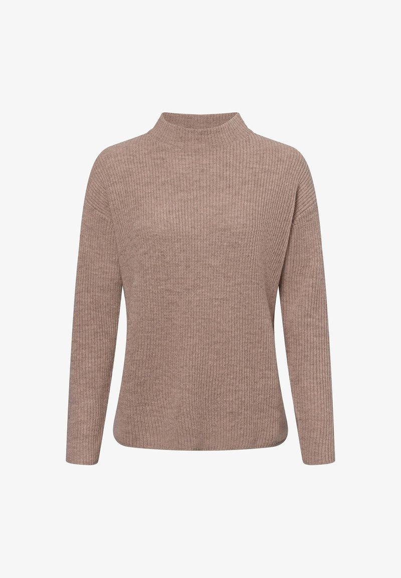 Pull en maille côtelée brun clair avec manches longues et col montant court, présenté sur un fond blanc.