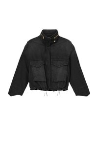 Veste en denim noir avec col montant, fermetures éclair dorées, deux poches poitrine et cordons de serrage ajustables à la taille. Design court, coupe ample.
