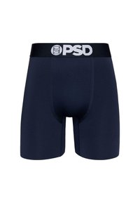 Mornarsko plave bokserice od rastezljivog materijala, s crnim pojasom na kojem je bijeli logo "PSD". Glatka tekstura, prilagođen oblik i prozračan dizajn.