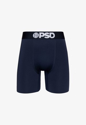 Boxer-briefs bleu marine en tissu extensible, dotés d'une ceinture noire avec le logo "PSD" en blanc. Texture lisse, coupe ajustée et design respirant.