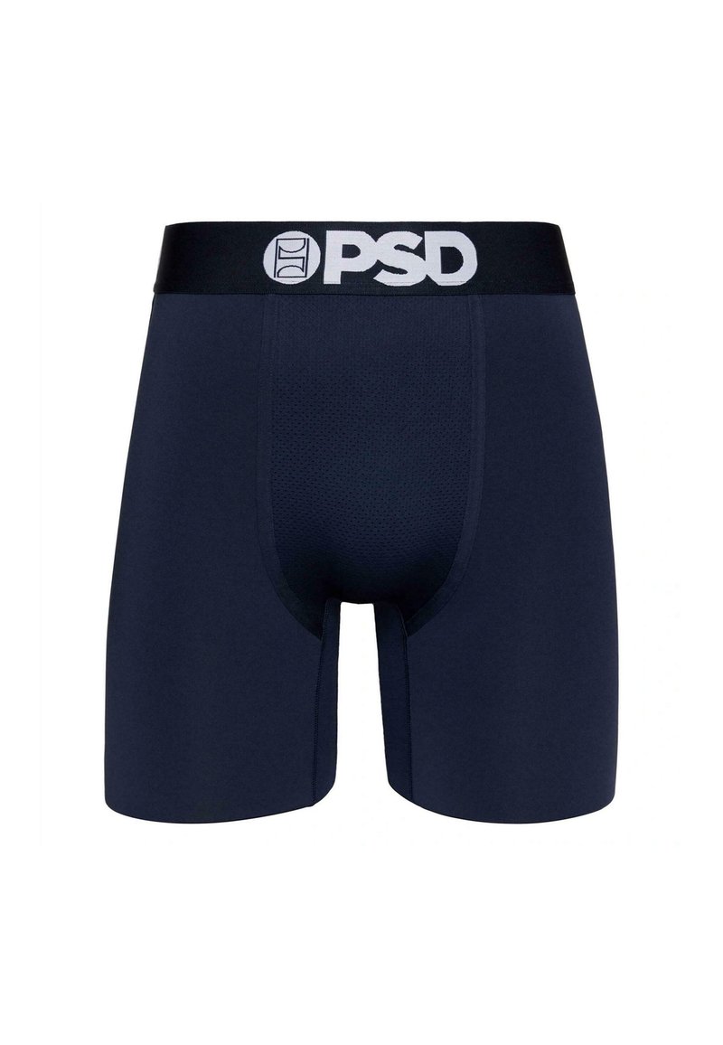Mornarsko plave bokserice od rastezljivog materijala, s crnim pojasom na kojem je bijeli logo "PSD". Glatka tekstura, prilagođen oblik i prozračan dizajn.