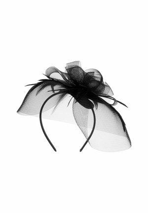 Black fascinator with a mesh netting base, featuring layered tulle and feather accents, attached to a thin black headband.