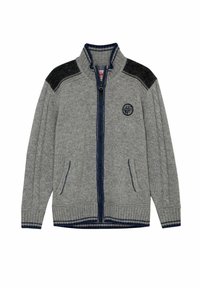 Grauer Reißverschluss-Pullover mit dunkelgrauen Schulterakzenten, zwei vorderen Taschen, strukturiertem Strick und einem runden Logo auf der linken Brust.