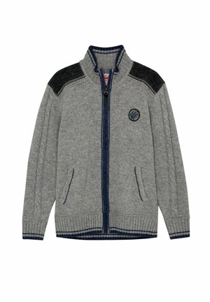 Grijze ritscardigan met donkergrijze schouderaccenten, twee voorkuilen, geztructureerd breiwerk en een circulair logo op de linkerborst.