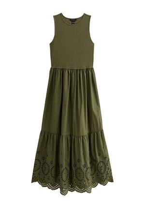 Abito senza maniche di colore verde oliva con corsetto aderente e gonna a strati, caratterizzato da dettagli in pizzo ritagliato all'orlo. Realizzato in tessuto morbido.