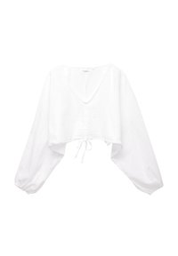 Hvid cropped bluse med bred V-hals, luftige lange ærmer, samlet snor i kanten og struktureret stof.