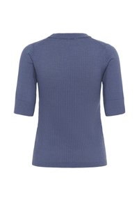 Ribbed knit sweater in a soft blue color with a round collar and short, rolled sleeves. Features a fitted design and smooth texture.