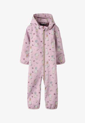 Rosa Baby-Strampler mit Kapuze, vorderem Reißverschluss und einem Muster aus Glühbirnen und kleinen Blumen.