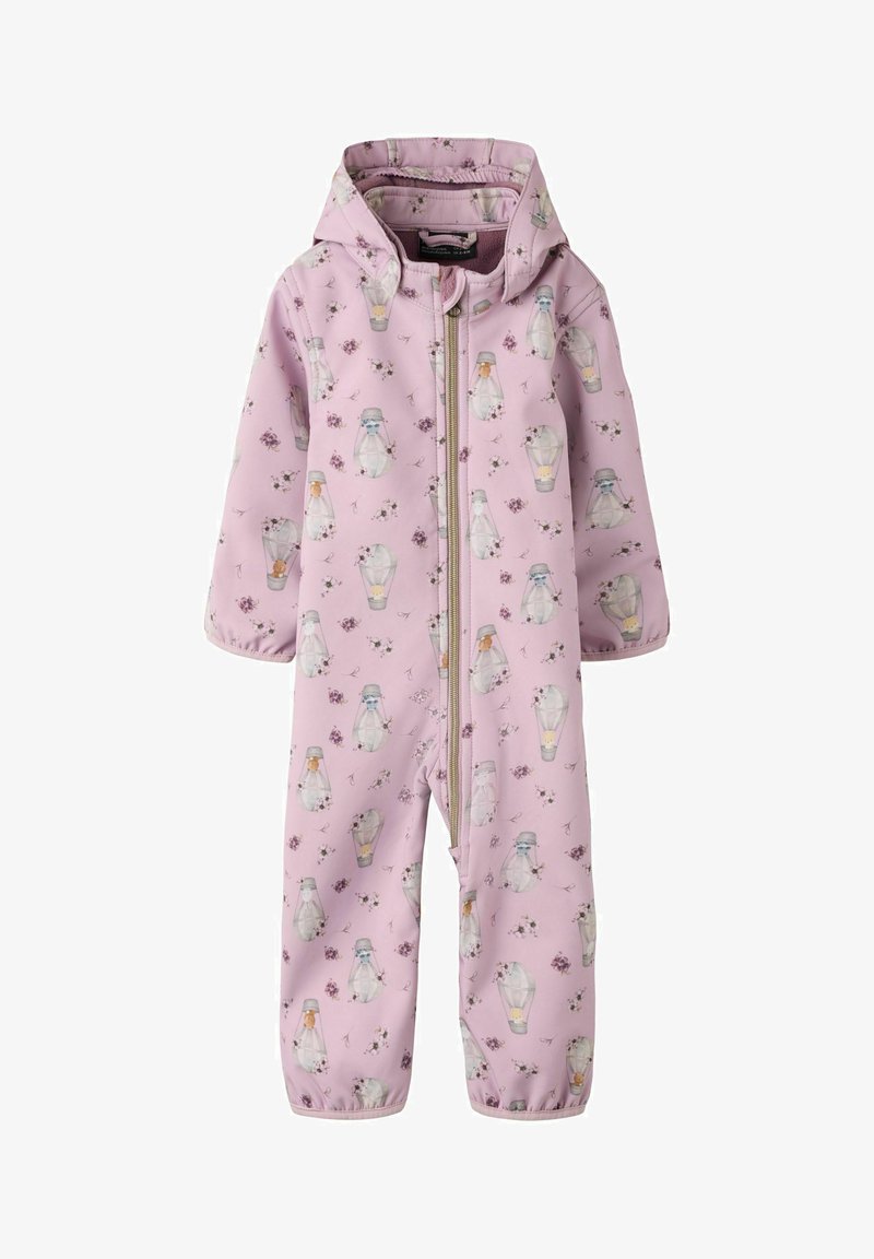 Combinaison rose pour bébé avec capuche, fermeture éclair à l'avant, et motif imprimé de lampes à incandescence et petites fleurs.