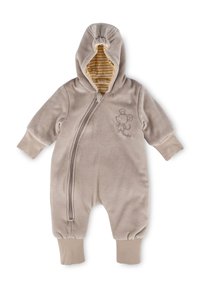 Beige fleece baby overall with a hood, front zipper, and a mouse embroidery. Lined with yellow and white striped fabric. Elastic cuffs.