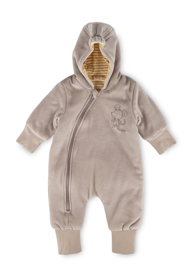 Beige fleece baby overall with a hood, front zipper, and a mouse embroidery. Lined with yellow and white striped fabric. Elastic cuffs.