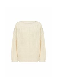 Maglione lavorato a maglia di colore crema con una vestibilità ampia, scollo rotondo e maniche lunghe. Presenta un motivo testurizzato e polsini a coste.