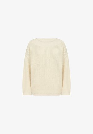 Kreminės spalvos megztinis su laisvu siluetu, apvaliu kaklu ir ilgomis rankovėmis. Pavyzdžiuojamas tekstūruotas raštas ir gumbinė apykaklė.