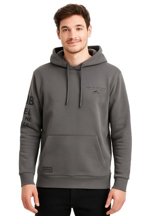 Grauer Kapuzenpullover mit einer vorderen Tasche, Kordelzugkapuze und erhabenem Text auf der Brust und dem Ärmel. Glatte Textur und lockere Passform.