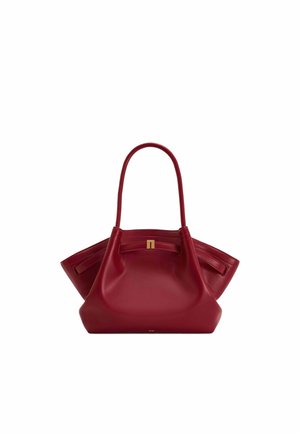 Sac à main en cuir rouge foncé avec deux poignées supérieures, soufflets latéraux et petit détail de fermoir doré au centre devant.