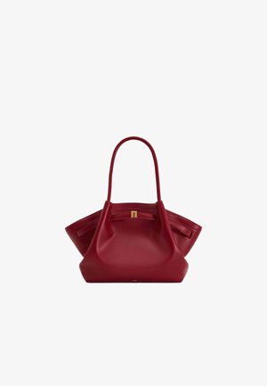 Sac à main en cuir rouge foncé avec deux poignées supérieures, soufflets latéraux et petit détail de fermoir doré au centre devant.