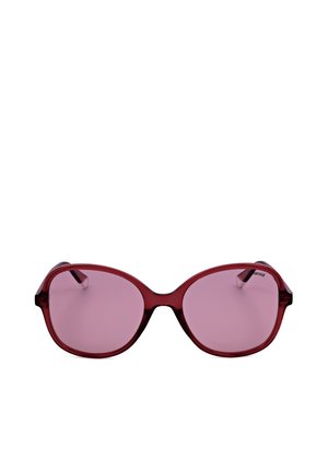 Occhiali da sole con montatura in plastica rossa traslucida e grandi lenti ovali rosa, mostrati davanti su sfondo bianco.