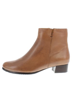 Brown leather ankle boot with a smooth finish, a low stacked heel, side zipper closure, and a rounded toe design.