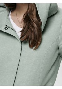 Hellgrüne Kapuzenjacke aus strukturiertem Stoff, mit Reißverschluss vorne und Druckknopfverschluss. Die Jacke hat eine lässige Passform und Details an den Seitennaht.