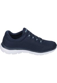 Navy blue mesh athletic shoes with a white outsole, featuring a rounded toe, lace-up design, and minimal branding on the side.