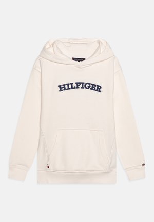 Haut à capuche crème en tissu doux, arborant un grand logo "HILFIGER" en marine, une poche kangourou et des poignets et un ourlet côtelés.