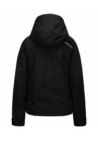 Giacca impermeabile nera con cappuccio, dotata di chiusura con zip, polsini regolabili e logo sulla spalla. Tessuto liscio e resistente.