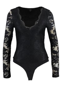 Body in pizzo nero con maniche lunghe, scollatura a V profonda, motivo floreale e parte inferiore aderente. I dettagli trasparenti sulle maniche aggiungono texture.