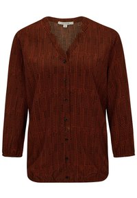 Rød og sort strikket cardigan med V-hals, knapper foran og lange ærmer. Tekstureret stof med en løs pasform.