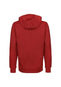 Felpa rossa con una texture morbida, dotata di cappuccio con coulisse, maniche lunghe e polsini e orlo a coste. Nessuna grafica o motivo visibile.