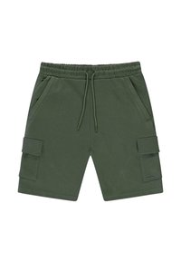 Groene katoenen shorts met een elastische tailleband en verstelbaar trekkoord. Voorzien van zijzakken en opbergzakken aan de zijkant. Glad textuur.