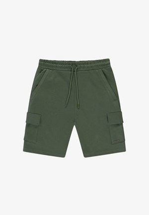 Groene katoenen shorts met een elastische tailleband en verstelbaar trekkoord. Voorzien van zijzakken en opbergzakken aan de zijkant. Glad textuur.