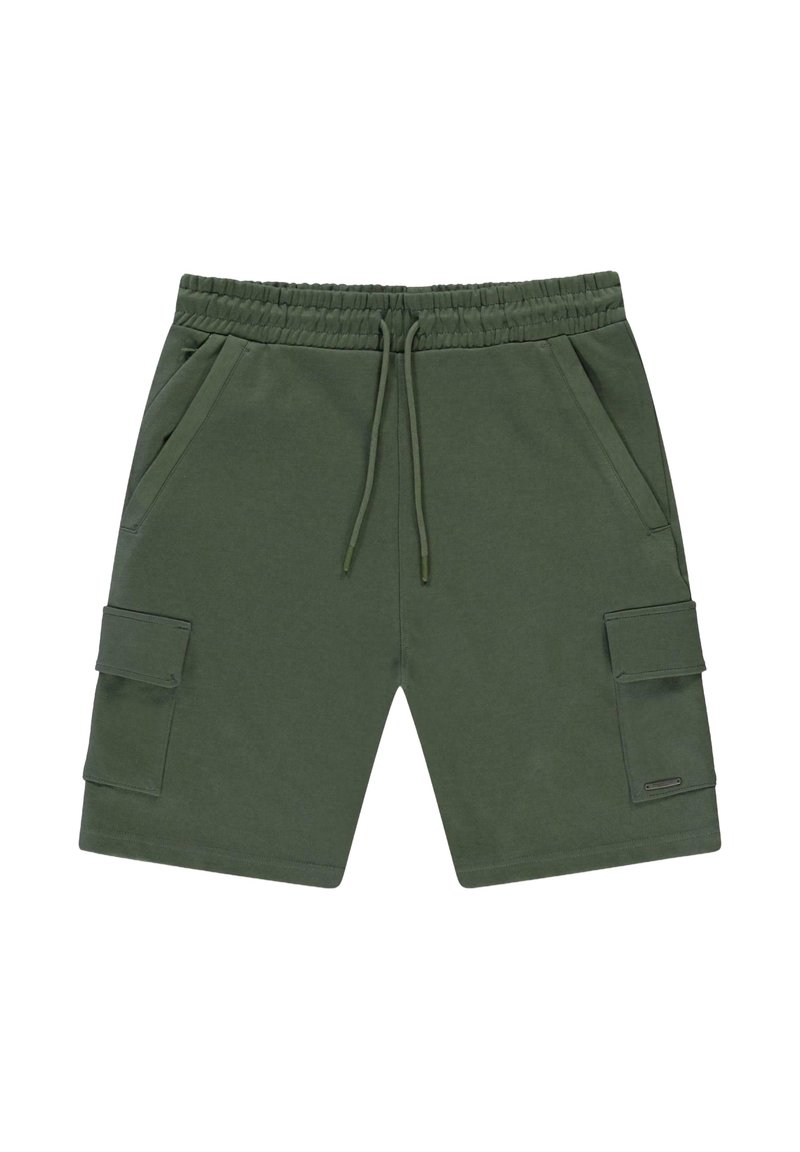 Groene katoenen shorts met een elastische tailleband en verstelbaar trekkoord. Voorzien van zijzakken en opbergzakken aan de zijkant. Glad textuur.