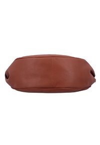 Braune Ledertasche mit glatter Textur, ovaler Form und subtilen Nähten. Verfügt über seitliche Griffe für einfachen Transport.