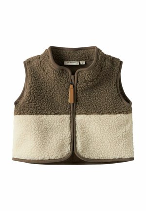 Brun og kremfarget barnevest i fleece uten ermer med frontglidelås og teksturert, mykt sherpa-stoff, størrelse 1-2 år.