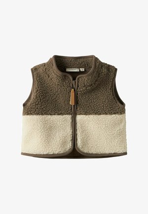 Gilet senza maniche per bambini, in pile marrone e crema, con cerniera frontale e tessuto sherpa morbido e strutturato, taglia 1-2 anni.