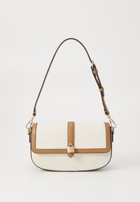 Handbag made of cream textured fabric with brown leather accents, featuring a flap closure and a detachable strap with gold hardware.
