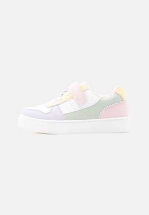 Low-top sneaker with white sole, pastel panels in pink, green, yellow, and purple, lace-up with additional pink Velcro strap on a white background.