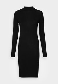 Svart långärmad knälång bodycon klänning med hög krage på vit bakgrund.