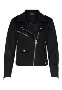 Czarna kurtka motocyklowa z zamszu ekologicznego o krótkim kroju, asymetrycznym zamkiem, metalowymi elementami i kieszeniami na zamek. Posiada szpiczasty kołnierz.