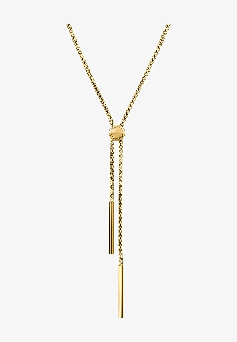 Guldtonet halskæde med en tynd kæde, der har en cirkulær lås i midten og to aflange stænger, som hænger fra den.