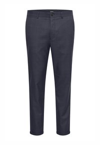 Pantaloni blu navy realizzati in un tessuto strutturato, con un motivo a scacchi, chiusura frontale con bottone e risvolti alle caviglie.