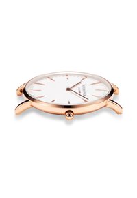 Orologio da polso con finitura rosa oro, quadrante bianco, marcatori delle ore sottili e corona. Presenta un design minimalista e una superficie liscia e lucida.