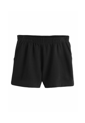 Shorts con vita elastica nera e tasche laterali, realizzati in tessuto morbido, mostrati su uno sfondo bianco uniforme.