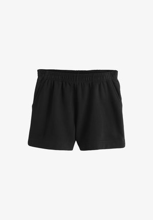 Schwarze Shorts mit elastischem Bund und seitlichen Taschen, gefertigt aus weichem Stoff, vor weißem Hintergrund gezeigt.