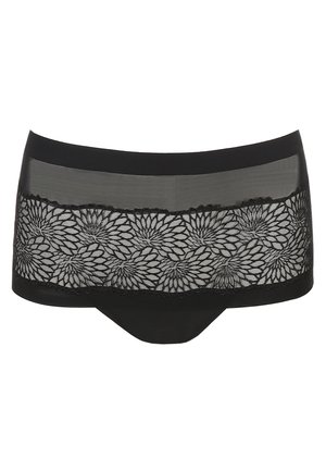 Black lace hipster briefs with sheer mesh yoke. Floral lace pattern at the waist, smooth black fabric on sides, and back.