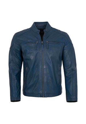 Blue leather jacket with a zippered front, two chest pockets, and a quilted shoulder design. Features a stand collar and ribbed cuffs.