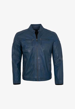 Blaue Lederjacke mit durchgehendem Reißverschluss, zwei Brusttaschen und einem gesteppte Schulterdesign. Verfügt über einen Stehkragen und gerippte Bündchen.