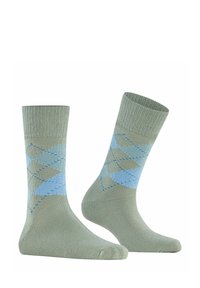 Calze di media lunghezza con motivo argyle verde e azzurro chiaro, dotate di bordi a coste, realizzate in misto cotone e con dettagli rinforzati sulla punta e sul tallone.